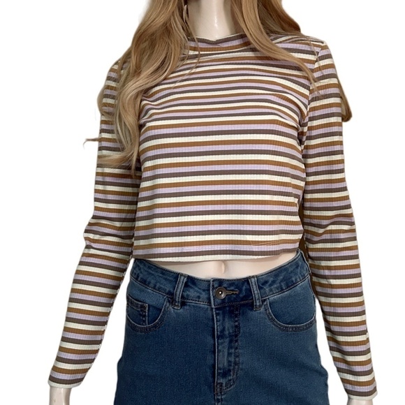 Vero Moda Sweater Top Lavender Stripe Rayon Blend Long Sleeve Mock Neck - Picture 1 of 10